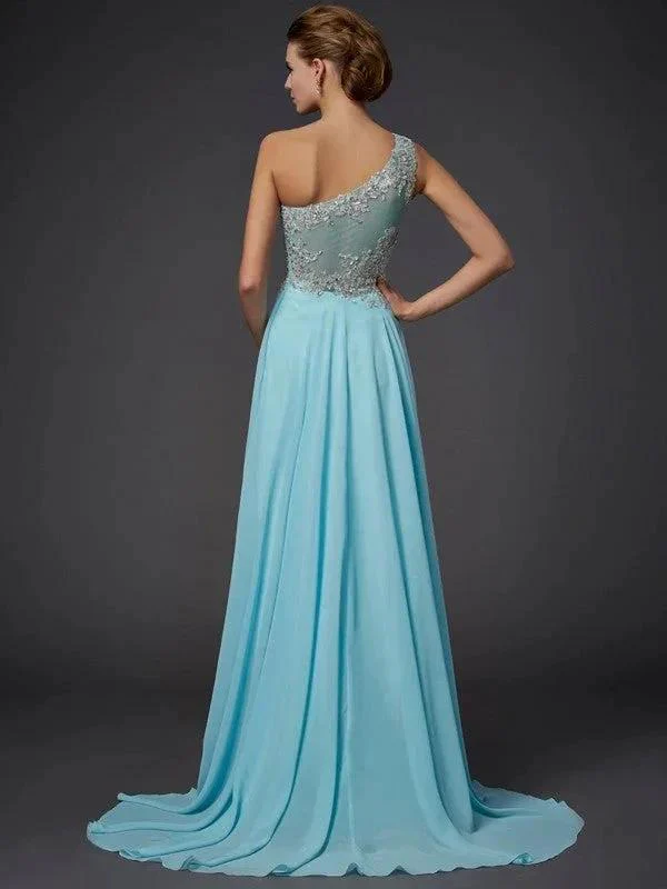 A-Line/Elegant One-Shoulder Sleeveless Ruffles Long Chiffon Prom Dresses - Image 2