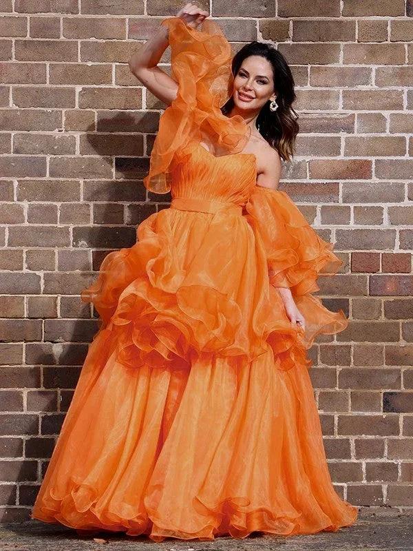 A-Line/Elegant Organza Off-the-Shoulder Layers Long Sleeves Floor-Length Prom Dresses - Image 2