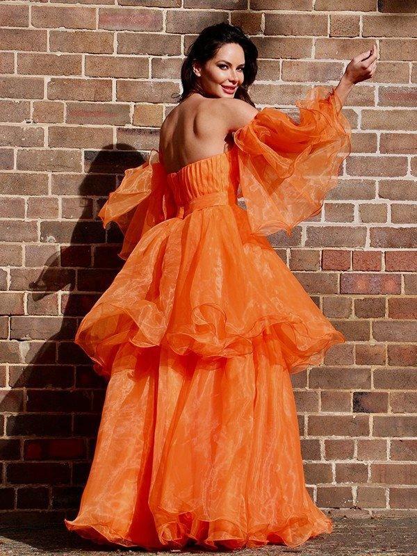 A-Line/Elegant Organza Off-the-Shoulder Layers Long Sleeves Floor-Length Prom Dresses - Image 3