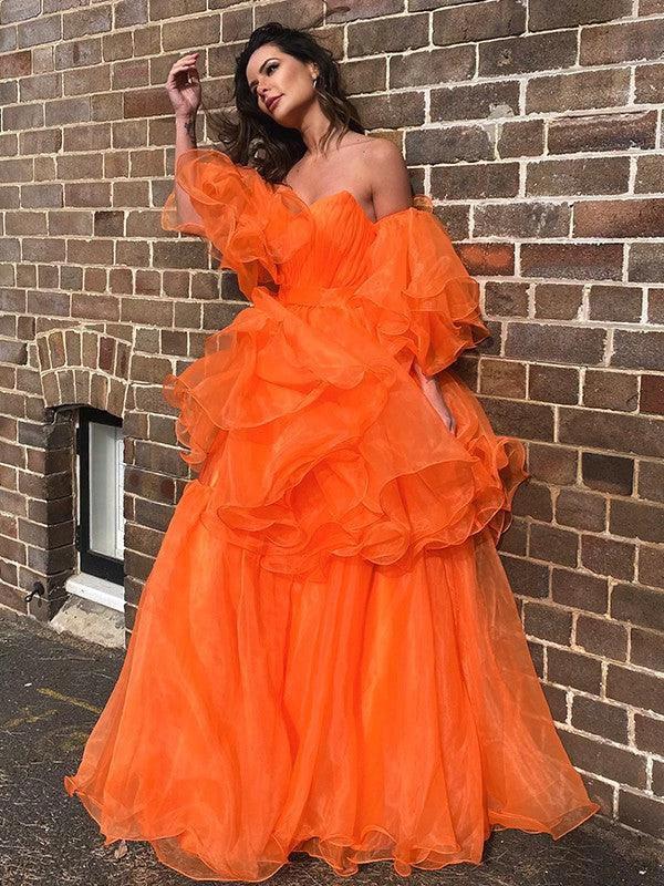 A-Line/Elegant Organza Off-the-Shoulder Layers Long Sleeves Floor-Length Prom Dresses - Image 4