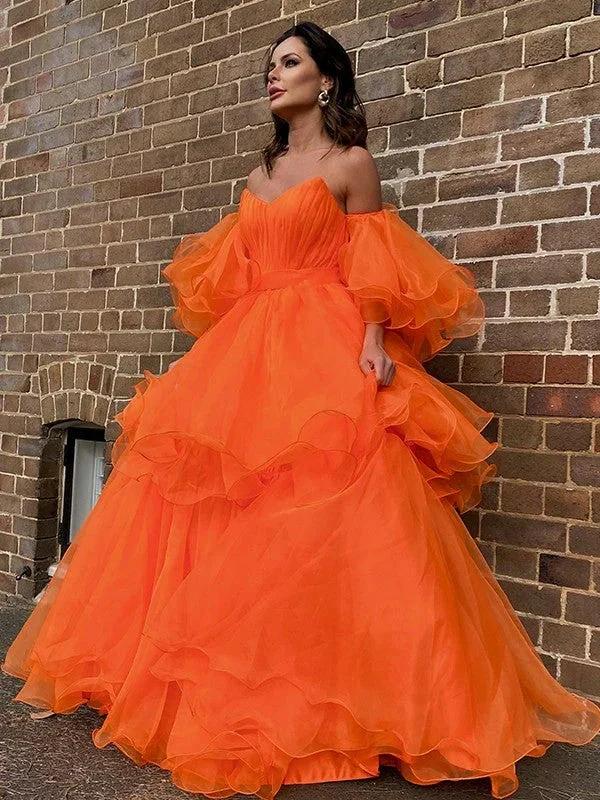 A-Line/Elegant Organza Off-the-Shoulder Layers Long Sleeves Floor-Length Prom Dresses - Image 5