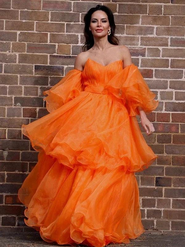 A-Line/Elegant Organza Off-the-Shoulder Layers Long Sleeves Floor-Length Prom Dresses - Image 6