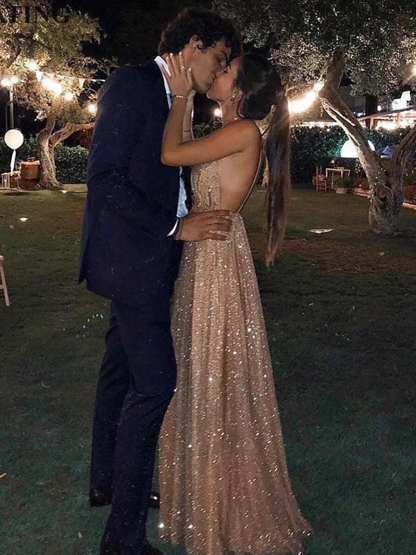 A-Line/Elegant Paillette Tulle V-neck Floor-Length Sleeveless Prom Dresses - Image 2
