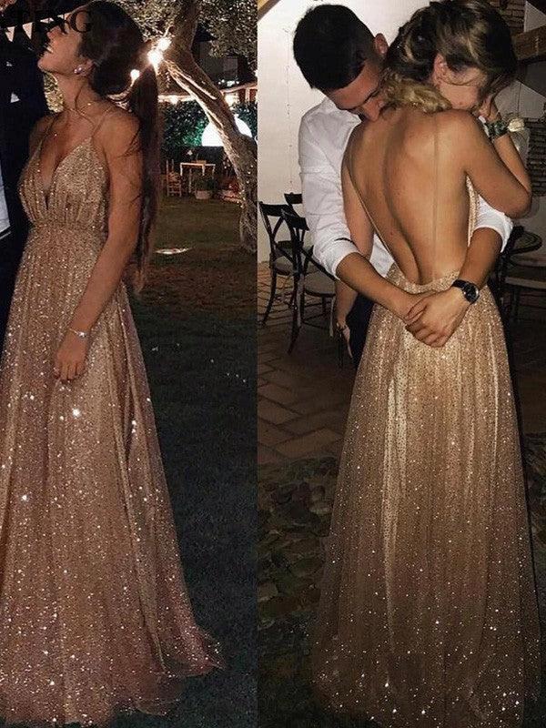 A-Line/Elegant Paillette Tulle V-neck Floor-Length Sleeveless Prom Dresses - Image 3