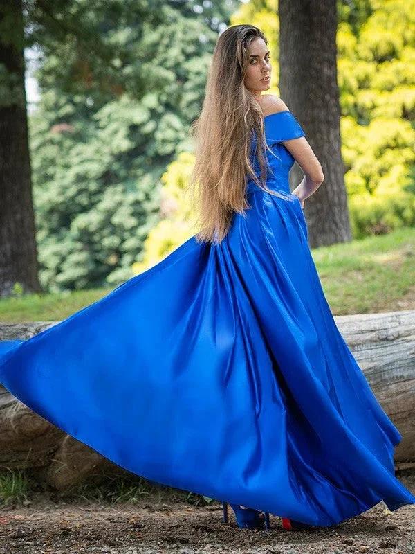 A-Line/Elegant Ruffles Satin Off-the-Shoulder Sleeveless Floor-Length Prom Dresses - Image 3