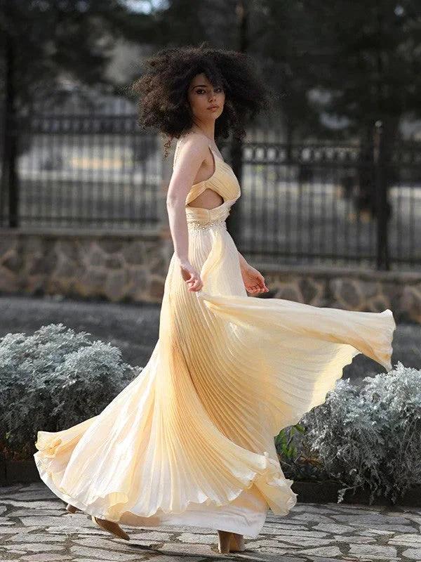 A-Line/Elegant Ruffles Satin Sleeveless V-neck Prom Dresses - Image 3