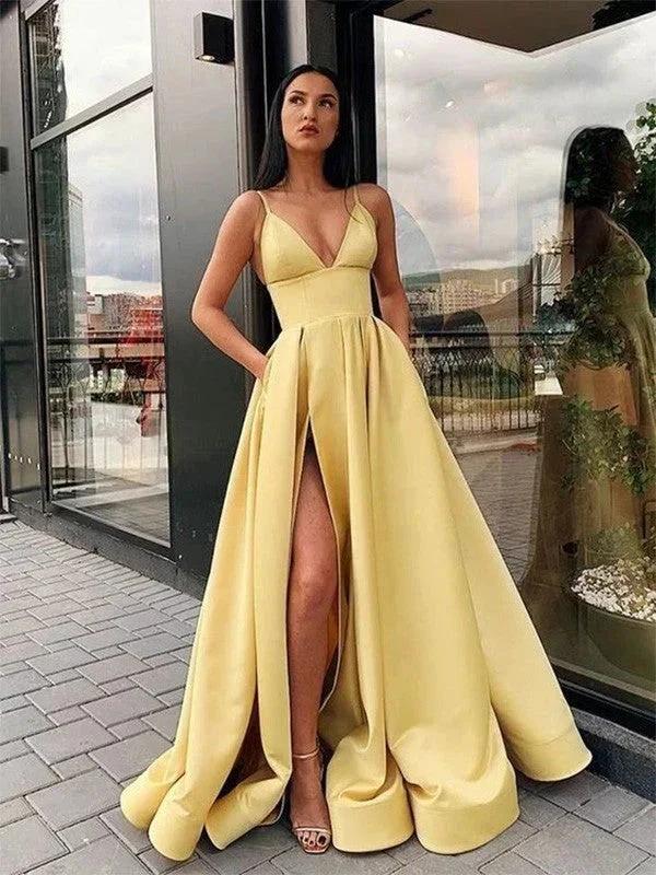 A-Line/Elegant Ruffles Satin Spaghetti Straps Sleeveless Floor-Length Prom Dresses - Image 2