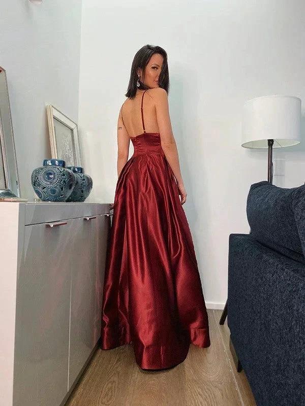 A-Line/Elegant Ruffles V-neck Satin Sleeveless Prom Dresses - Image 3