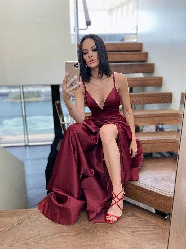 A-Line/Elegant Ruffles V-neck Satin Sleeveless Prom Dresses - Image 6