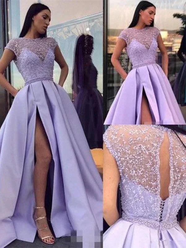 A-Line/Elegant Satin Beading Scoop Short Sleeves Prom Dresses - Image 2