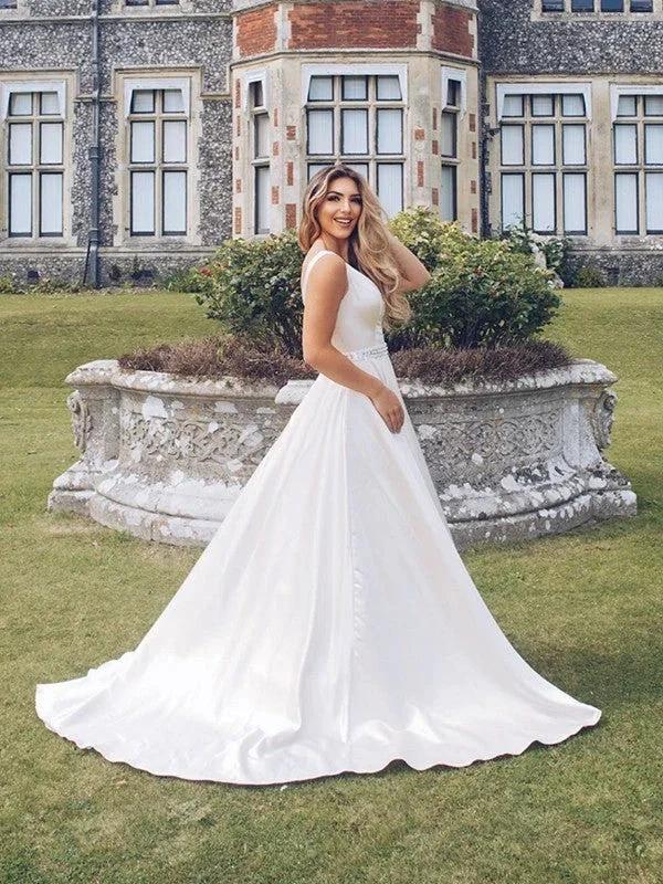 A-Line/Elegant Satin Beading V-neck Sleeveless Prom Dresses - Image 11