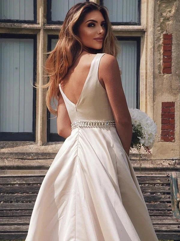A-Line/Elegant Satin Beading V-neck Sleeveless Prom Dresses - Image 13