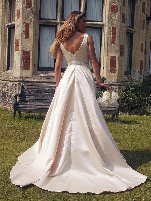 A-Line/Elegant Satin Beading V-neck Sleeveless Prom Dresses - Image 3
