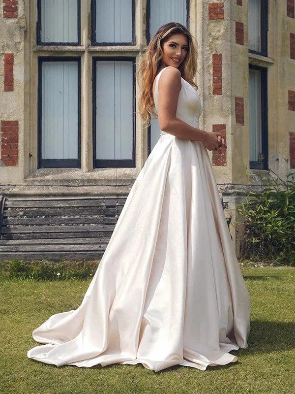 A-Line/Elegant Satin Beading V-neck Sleeveless Prom Dresses - Image 4