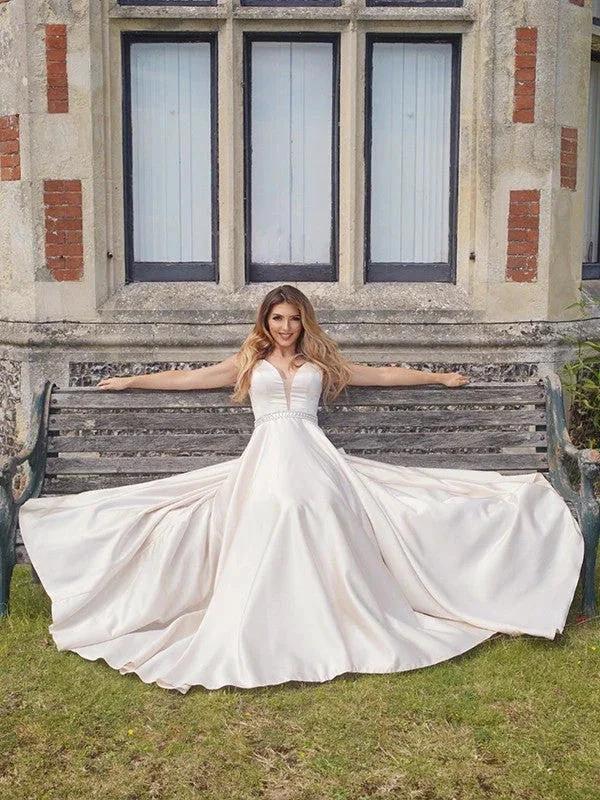 A-Line/Elegant Satin Beading V-neck Sleeveless Prom Dresses - Image 5