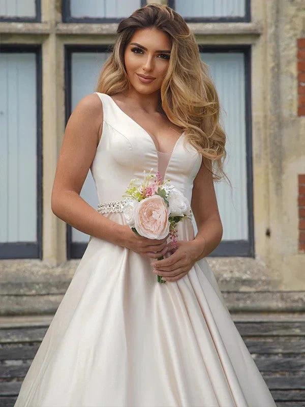A-Line/Elegant Satin Beading V-neck Sleeveless Prom Dresses - Image 6
