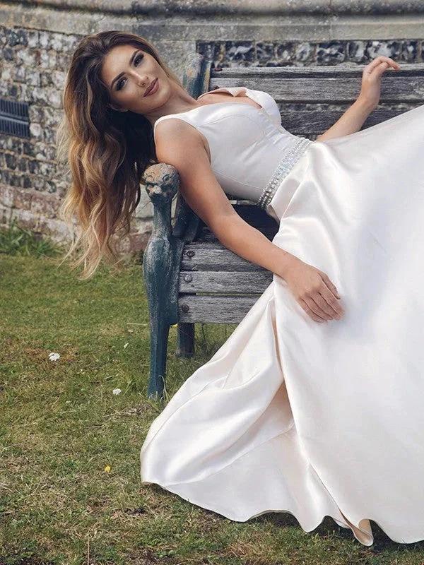 A-Line/Elegant Satin Beading V-neck Sleeveless Prom Dresses - Image 8