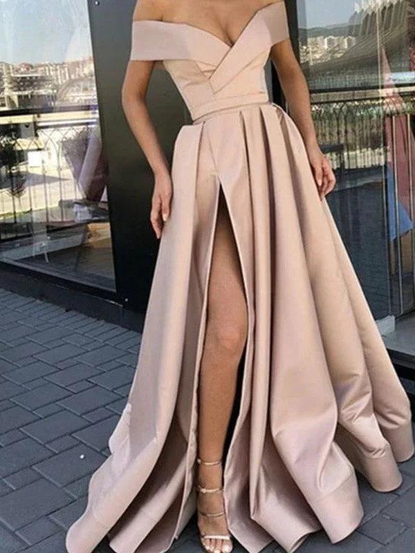 A-Line/Elegant Satin Ruffles Off-the-Shoulder Sleeveless Prom Dresses - Image 2