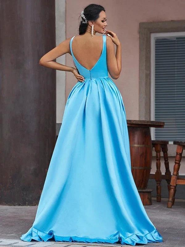A-Line/Elegant Satin Ruffles V-neck Sleeveless Asymmetrical Prom Dresses - Image 3