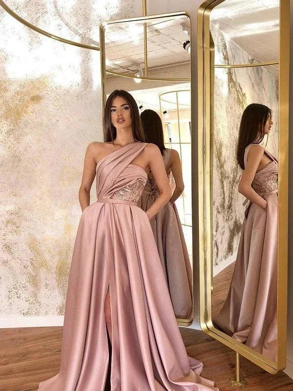 A-Line/Elegant Satin Sleeveless Ruched One-Shoulder Prom Dresses - Image 2