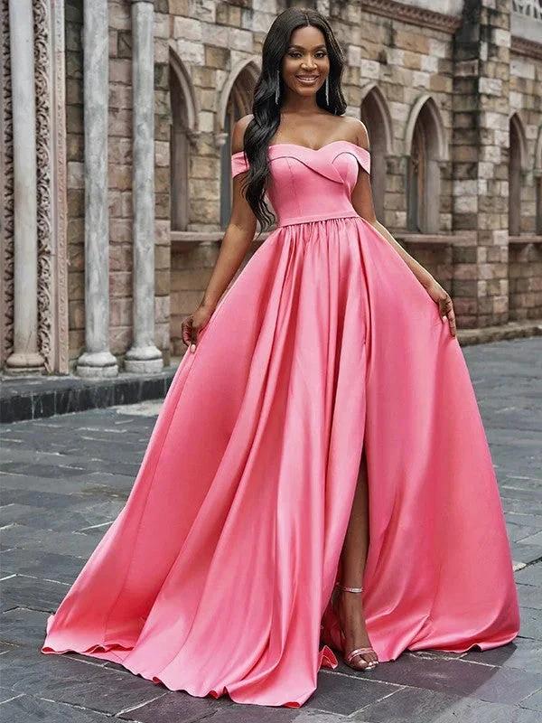 A-Line/Elegant Satin Sleeveless Ruffles Off-the-Shoulder Court Train Prom Dresses - Image 2