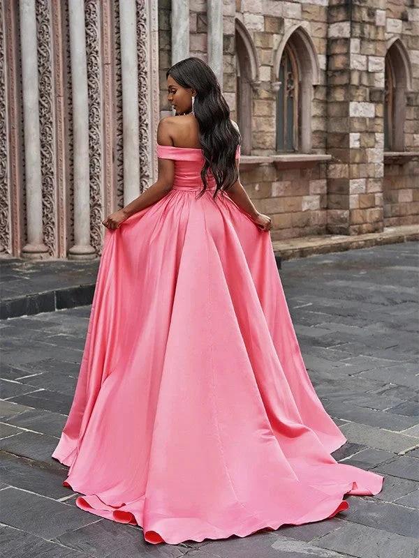 A-Line/Elegant Satin Sleeveless Ruffles Off-the-Shoulder Court Train Prom Dresses - Image 3