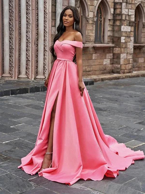 A-Line/Elegant Satin Sleeveless Ruffles Off-the-Shoulder Court Train Prom Dresses - Image 4