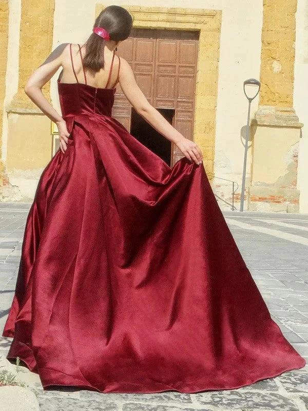 A-Line/Elegant Satin Spaghetti Straps Sleeveless Ruffles Prom Dresses - Image 2