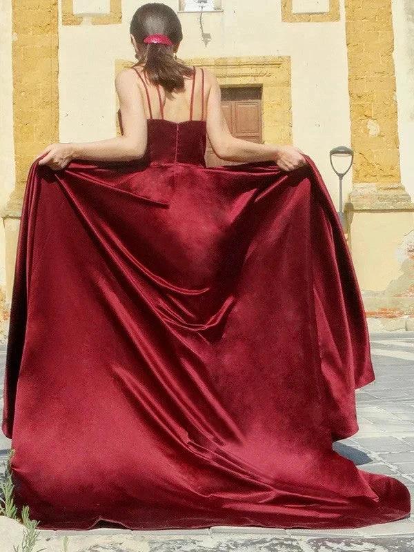 A-Line/Elegant Satin Spaghetti Straps Sleeveless Ruffles Prom Dresses - Image 3