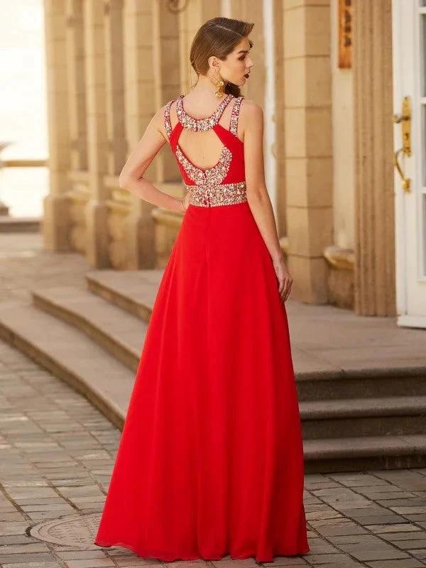 A-Line/Elegant Scoop Beading Sleeveless Floor-length Chiffon Prom Dresses - Image 2
