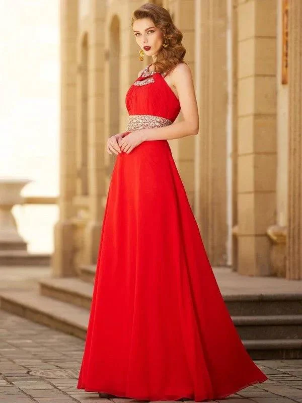 A-Line/Elegant Scoop Beading Sleeveless Floor-length Chiffon Prom Dresses - Image 3