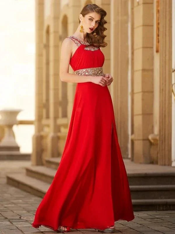 A-Line/Elegant Scoop Beading Sleeveless Floor-length Chiffon Prom Dresses - Image 4