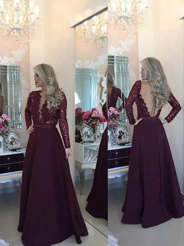 A-Line/Elegant Scoop Long Sleeves Sequin Floor-Length Satin Prom Dresses - Image 2