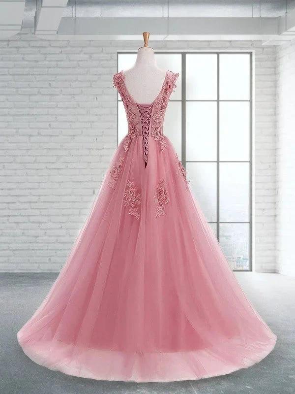 A-Line/Elegant Scoop Sleeveless Applique Tulle Prom Dresses - Image 2