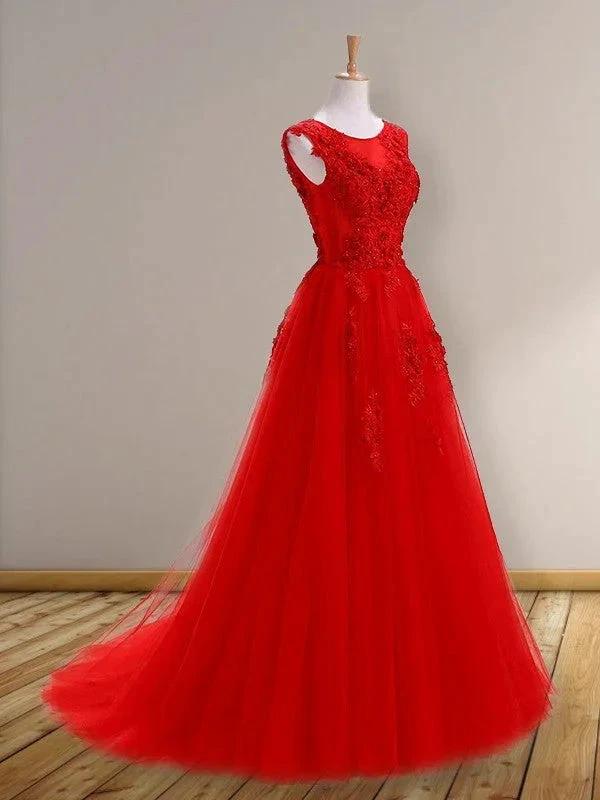 A-Line/Elegant Scoop Sleeveless Applique Tulle Prom Dresses - Image 3