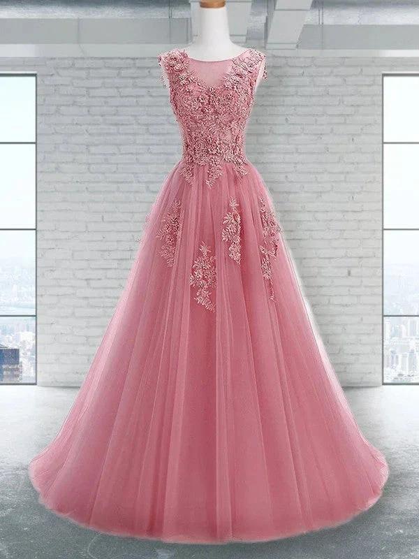 A-Line/Elegant Scoop Sleeveless Applique Tulle Prom Dresses - Image 4