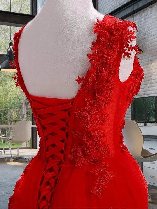A-Line/Elegant Scoop Sleeveless Applique Tulle Prom Dresses - Image 5