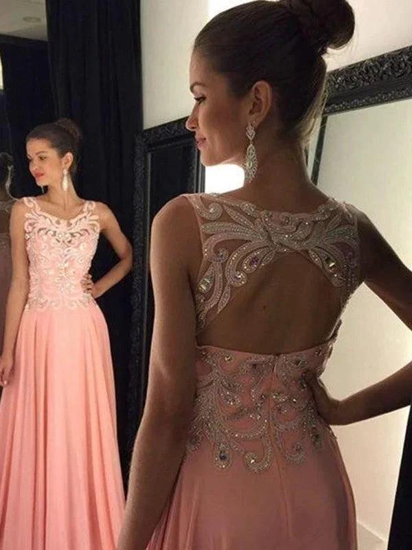 A-Line/Elegant Scoop Sleeveless Floor-Length Applique Chiffon Prom Dresses - Image 2