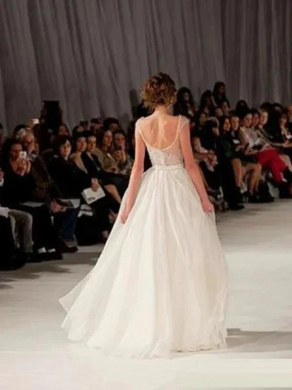 A-Line/Elegant Scoop Sleeveless Short Sleeves Floor-length Organza Prom Prom Dresses - Image 2