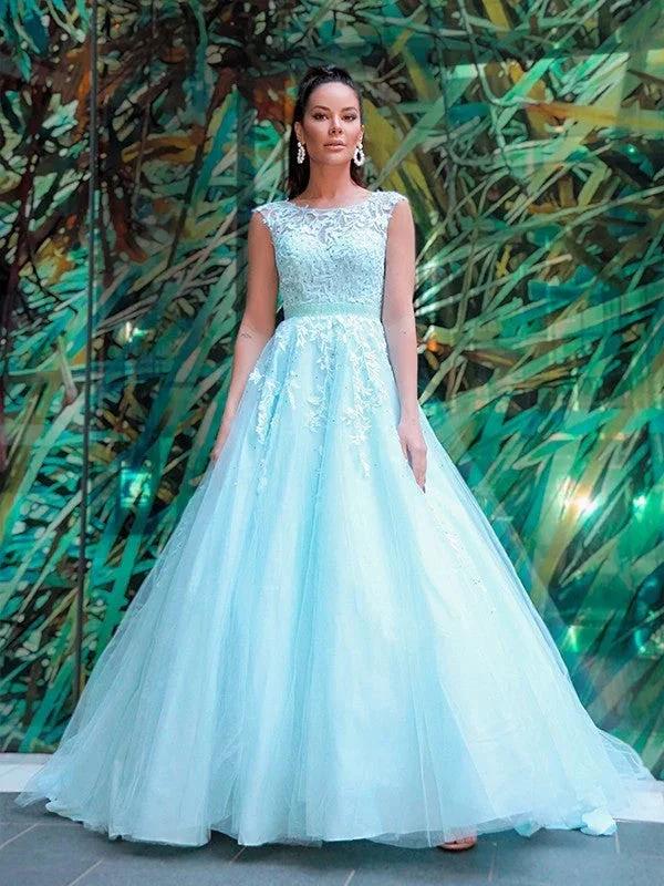 A-Line/Elegant Scoop Sleeveless Tulle Applique Prom Dresses - Image 2