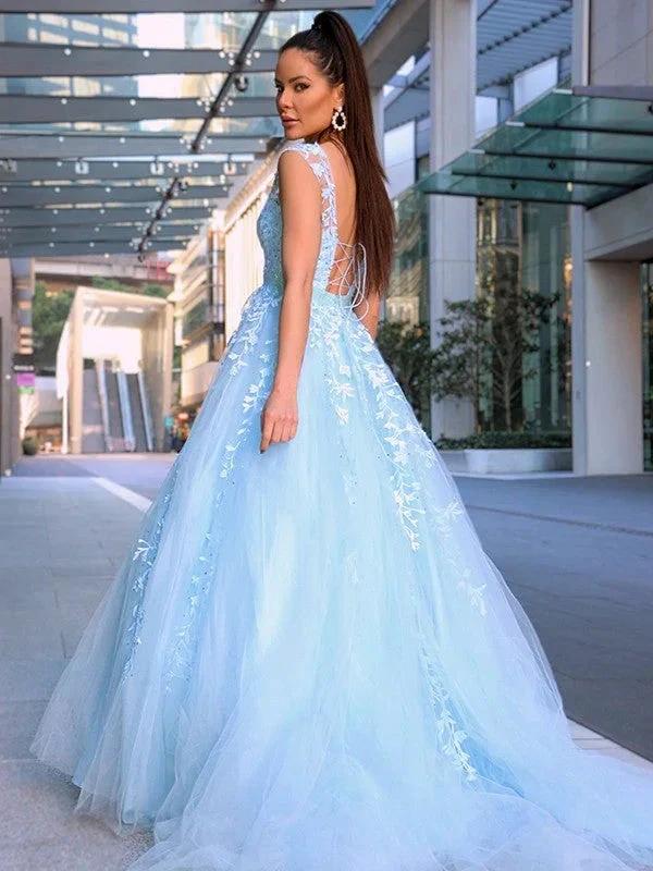 A-Line/Elegant Scoop Sleeveless Tulle Applique Prom Dresses - Image 3