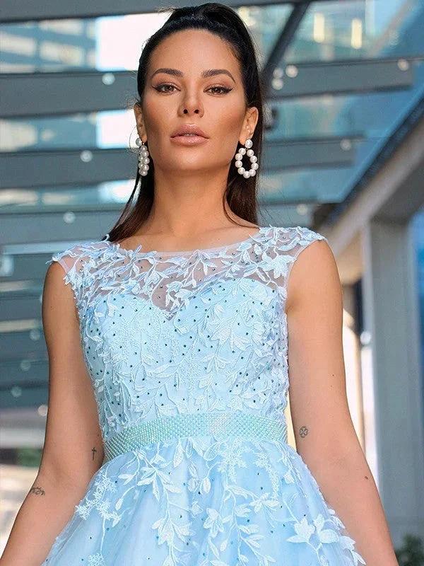 A-Line/Elegant Scoop Sleeveless Tulle Applique Prom Dresses - Image 4