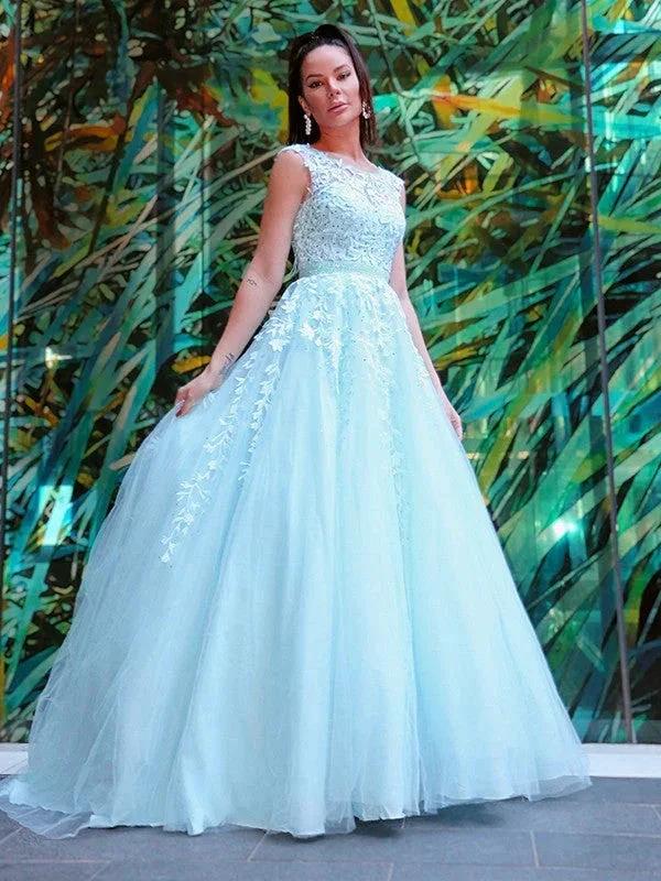 A-Line/Elegant Scoop Sleeveless Tulle Applique Prom Dresses - Image 5