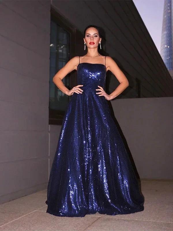 A-Line/Elegant Sequins Spaghetti Straps Ruffles Sleeveless Floor-Length Prom Dresses - Image 2