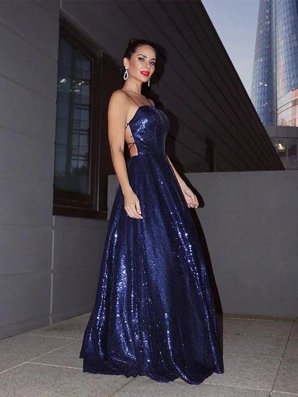 A-Line/Elegant Sequins Spaghetti Straps Ruffles Sleeveless Floor-Length Prom Dresses - Image 6