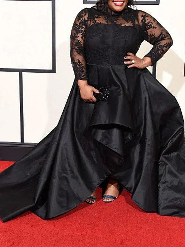 A-Line/Elegant Sheer Neck Long Sleeves Applique Asymmetrical Satin Plus Size Prom Dresses - Image 2
