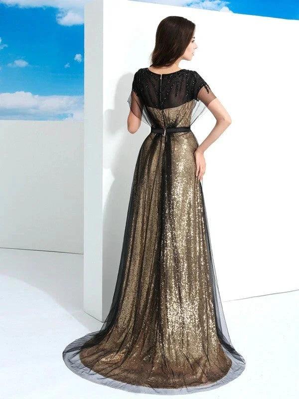 A-Line/Elegant Sheer Neck Paillette Short Sleeves Long Net Prom Dresses - Image 2
