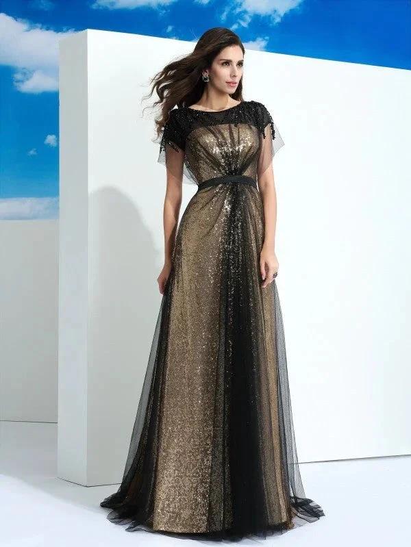 A-Line/Elegant Sheer Neck Paillette Short Sleeves Long Net Prom Dresses - Image 3