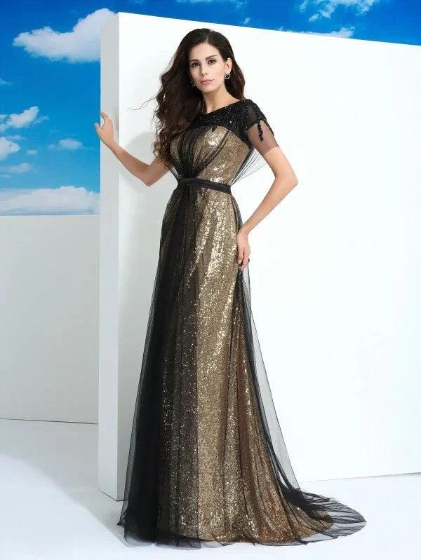 A-Line/Elegant Sheer Neck Paillette Short Sleeves Long Net Prom Dresses - Image 5