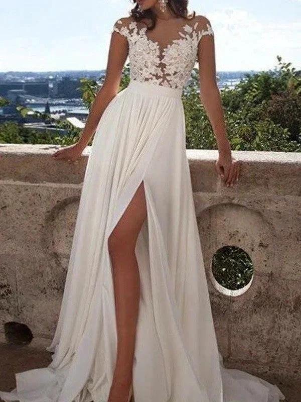 A-Line/Elegant Short Sleeves Scoop Applique Chiffon Prom Dresses - Image 2